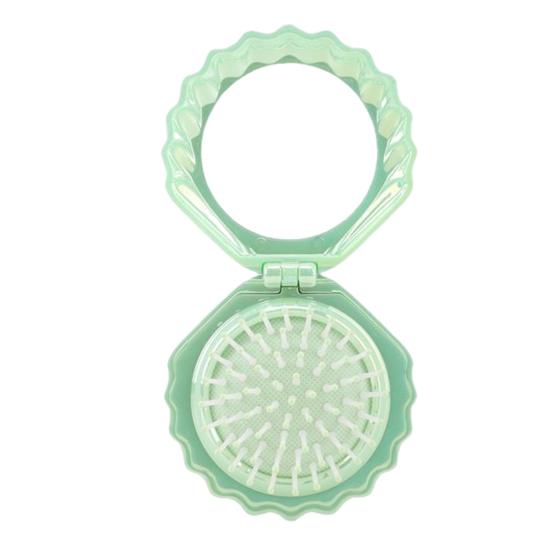 2-In-1 Mini Air Cushion Brush with Makeup Mirror Portable Shell Shape Travel Hair Comb Women Girls Folding Round Mirror Scalp