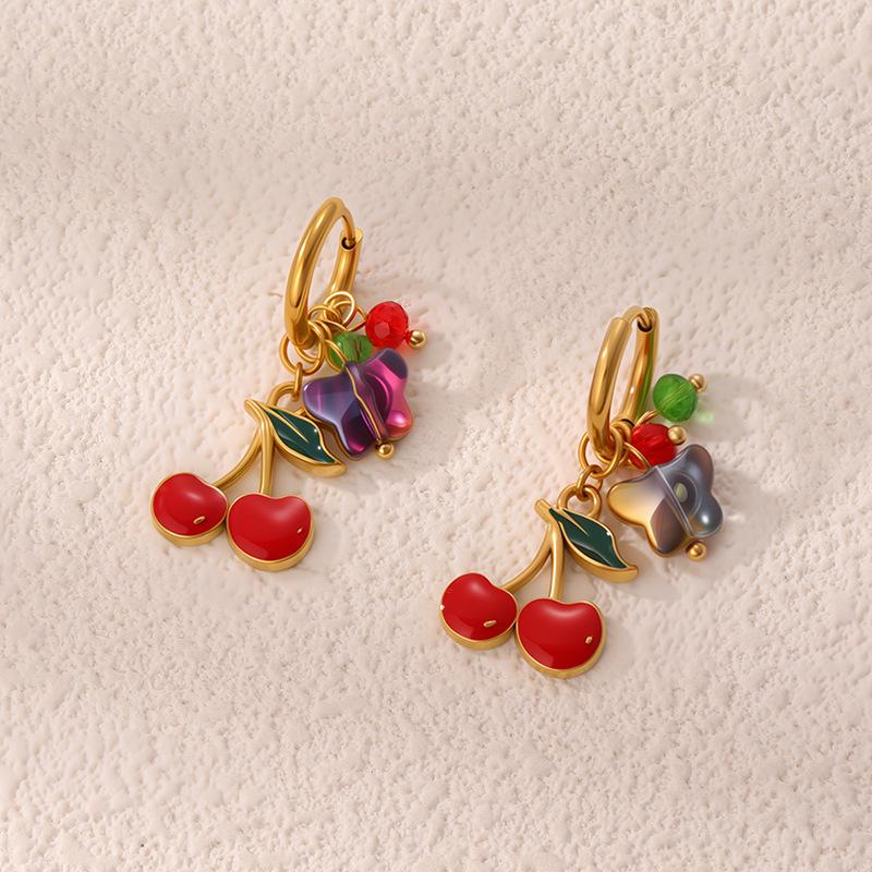 Colorful Butterfly Enamel Cherry Earrings: Pastoral Style, Light Luxury Ear Hoops for Women