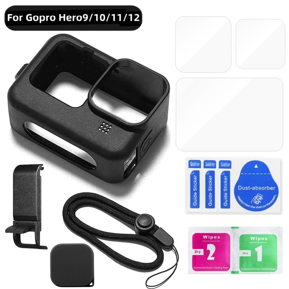 Silicone Case for GoPro Hero 12 11 10 9 Black Tempered Glass Screen Protector Protective Film Lens Cap Cover for Go Pro 11 Case
