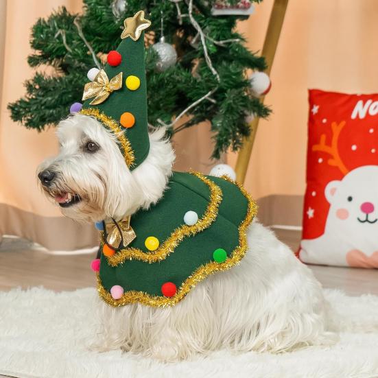 Dog Christmas Outfit Pets Xmas Tree Costume Pointed Hat with Neck Collar Festive Pet Attire