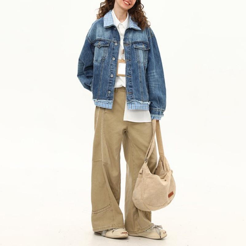 Unisex Trendy Plaid Patchwork Denim Jacket - American Retro Style