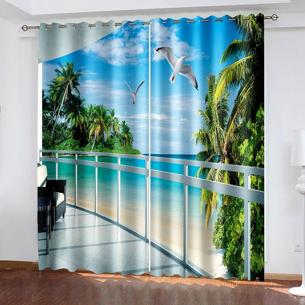 

3D занавес с цифровым принтом, пляжные пейзажи, шторы для гостиной, спальни, домашний декор, занавеска, дерево, голубое небо W90xH220(CM)x2PCS-Grommet Top