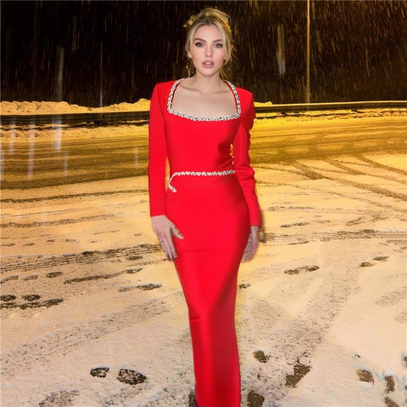 New Bandage Dress Elegant Square Neck Long Sleeve Diamond Long Hip Wrap Party Banquet Evening Dress Fashion