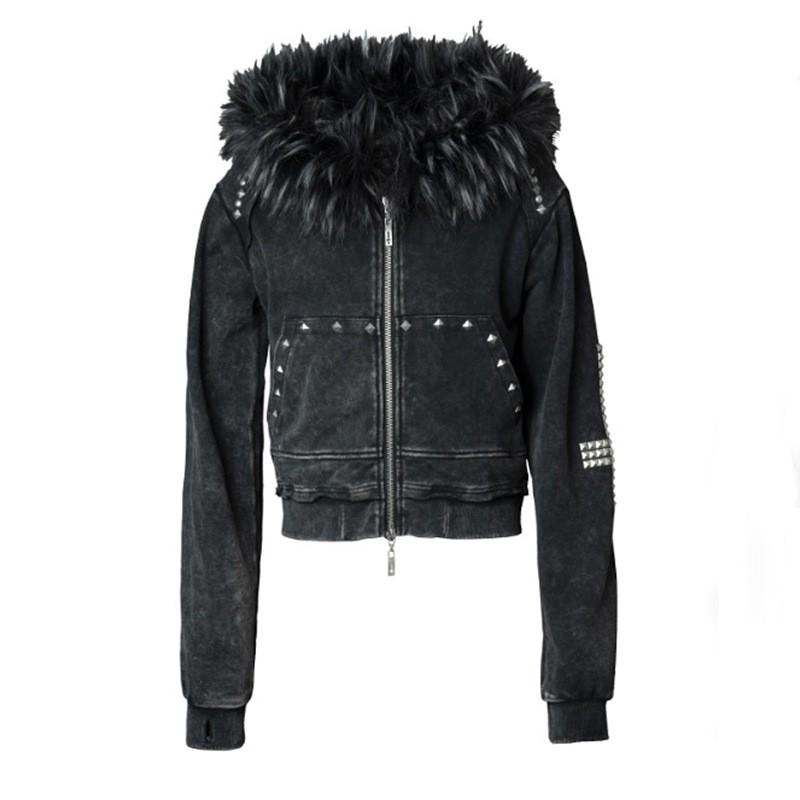 Streetwear Hoodie Women - Washed Cotton Blend Faux Fur Trim Zip-Up Front Slim Fit 2025