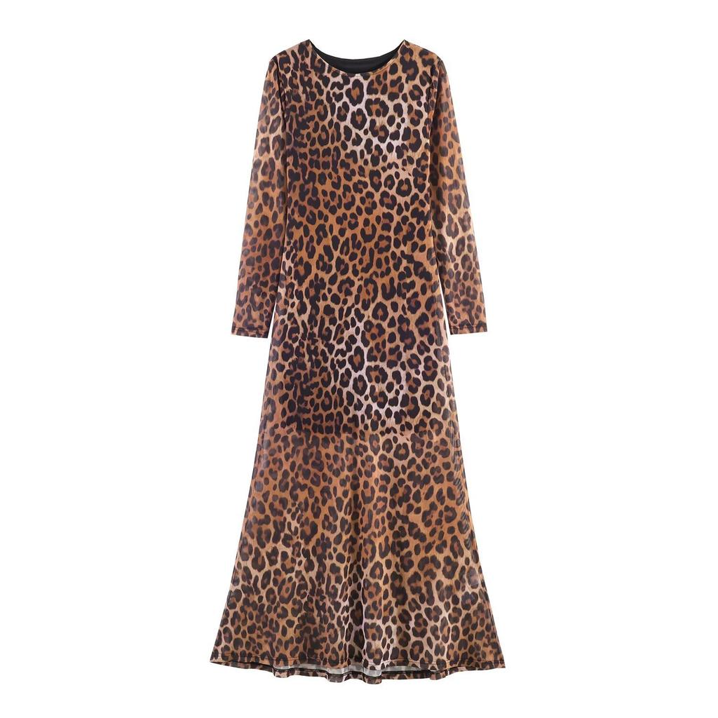 Spring and summer new fashion temperament classic leopard print round neck long sleeve mesh slim long dress