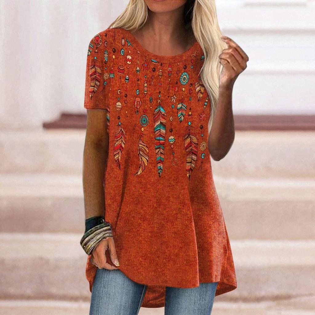 Women's Round Neck Short Sleeve Geometric Print Tunic Top Casual Asymmetrical Hem Blouse