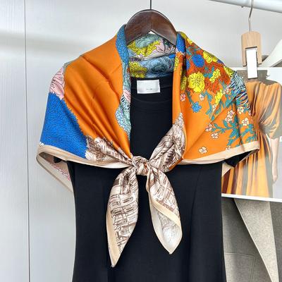 88*88cm 100% Mulberry Silk Garden Flower Art Pattern Square Scarf Sunblock Towel Shawl Neckerchief