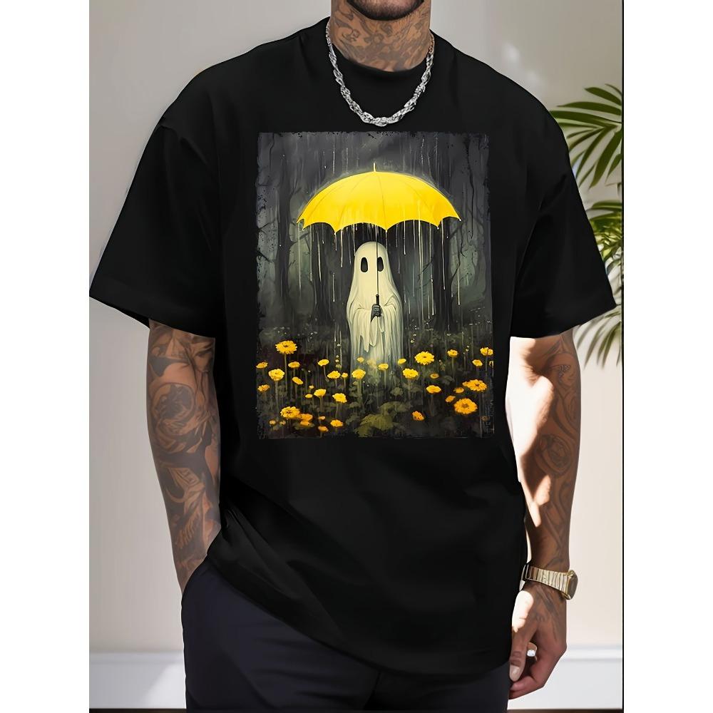 

Черный смешанный свободный короткий рукав круглый вырез милый и страшный принт с желтым зонтом и белым гуманоидом S