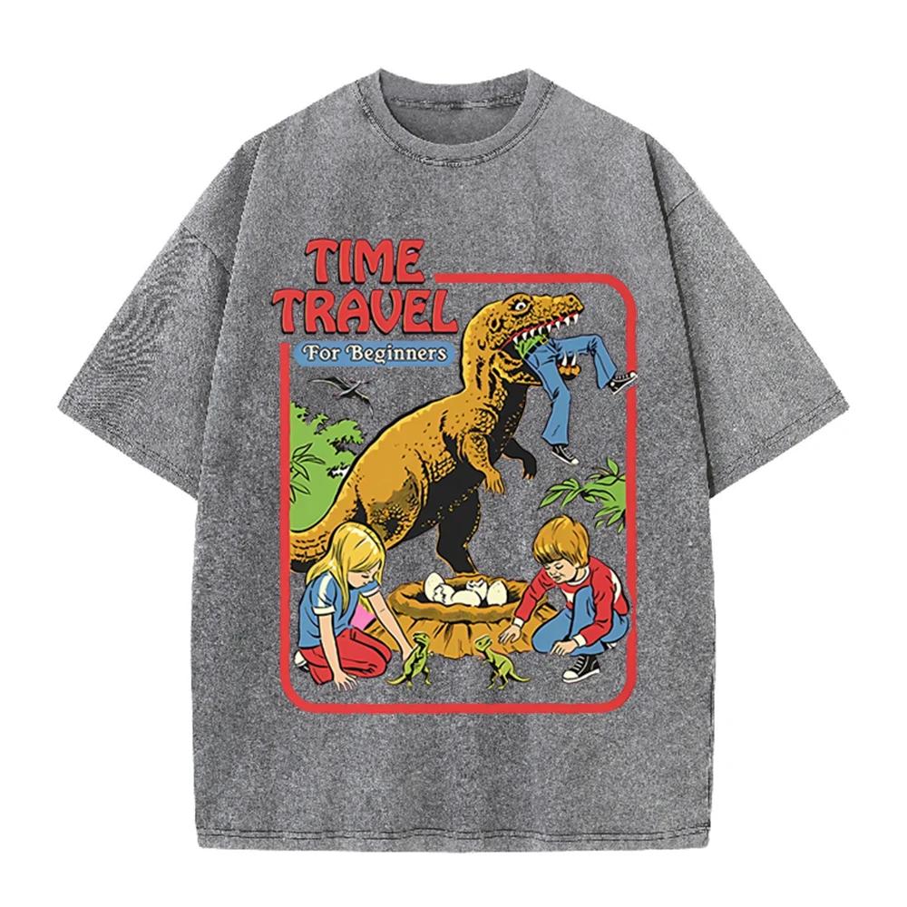 2026 Vintage Washed Beige Retro Dinosaur Kids Cartoon Graphic T Shirt Time Travel Animal Print Oversized Unisex Casual Short Sle