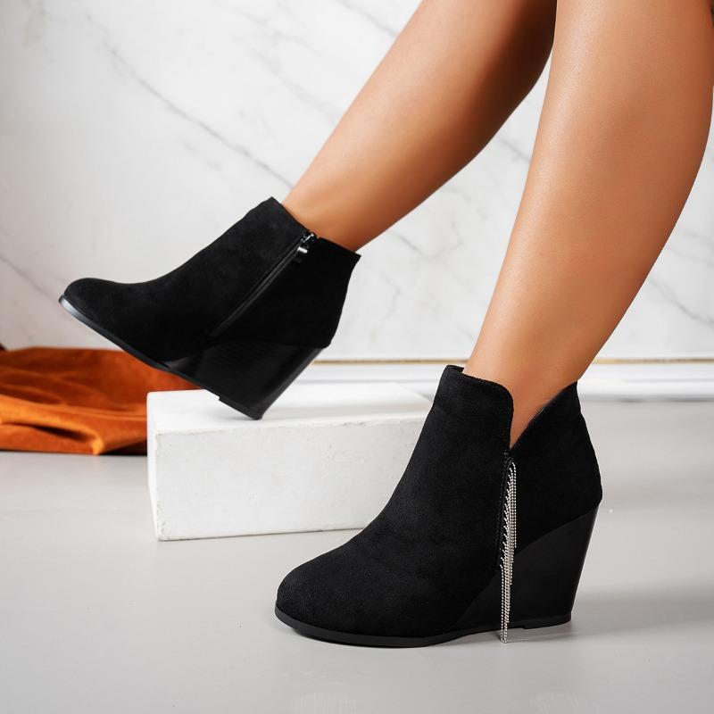 Fashion Large Size Women's Shoes Slope Heel Suede Rhinestone Short Boots Women Wish Autumn and Winter New Martin Boots