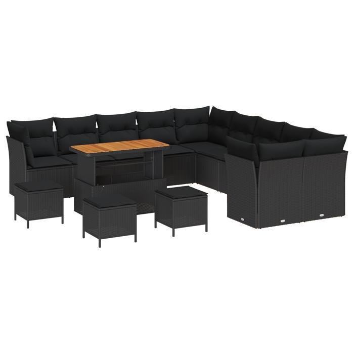 Ensemble de Canapés de Jardin de 14 pièces avec Coussins Noir Poly Rattan Acacia, Ensemble de Dîner de Jardin de 4 pièces 3361549
