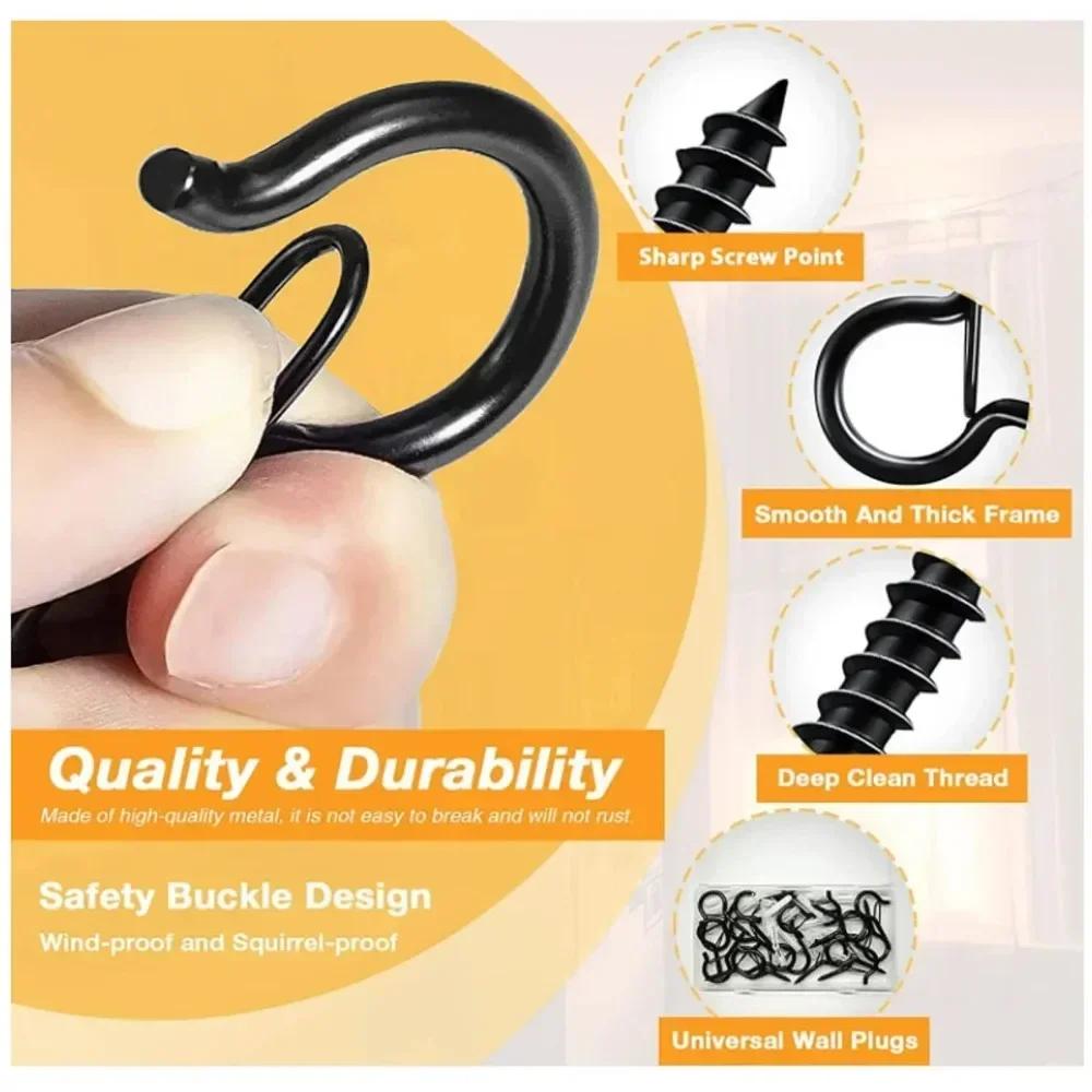 2025 New 20pcs Screw Hooks for Outdoor String Lights, Q-Hooks for Light Eye Hooks Cup Ceiling Wall Hooks with Safety Buckles