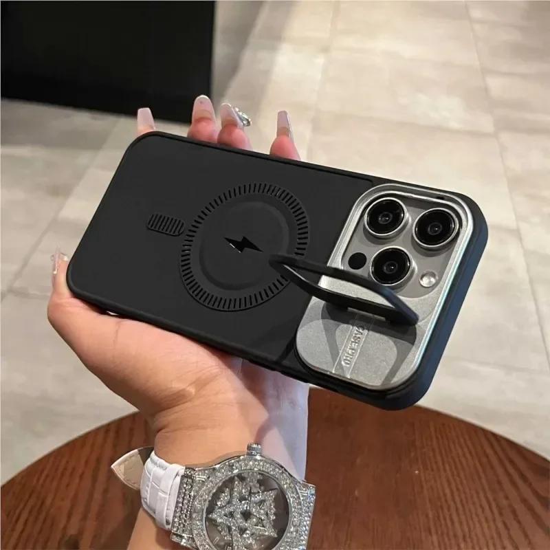 Stand Case for iPhone 16 15 14 Plus 13 12 11 Pro Max Cover Magnetic for Magsafe Wireless Charge Camera Lens Holder Soft Matte