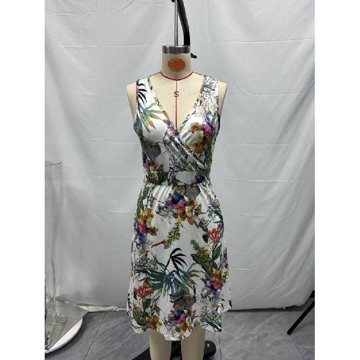 Women Elegant V-Neck Fashion Printed Pocket Sleeveless Dresses Summer Ladies Casual Short Dress Female Party Vestidos
