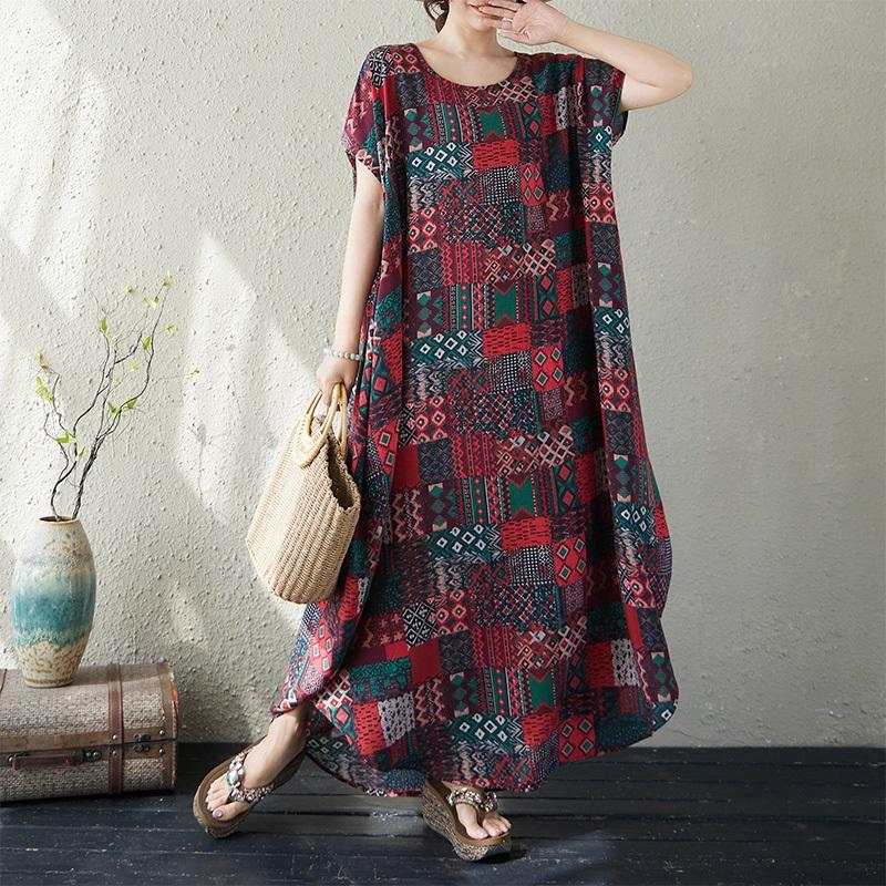 Krátký rukáv Plus size Bavlněné vintage květinové nové šaty pro ženy ležérní volné dlouhé letní šaty