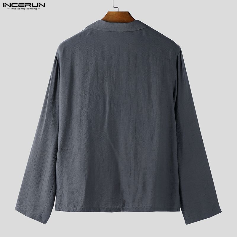 INCERUN Męskie koszule casual z kołnierzykiem V, gładkie, z długim rękawem
