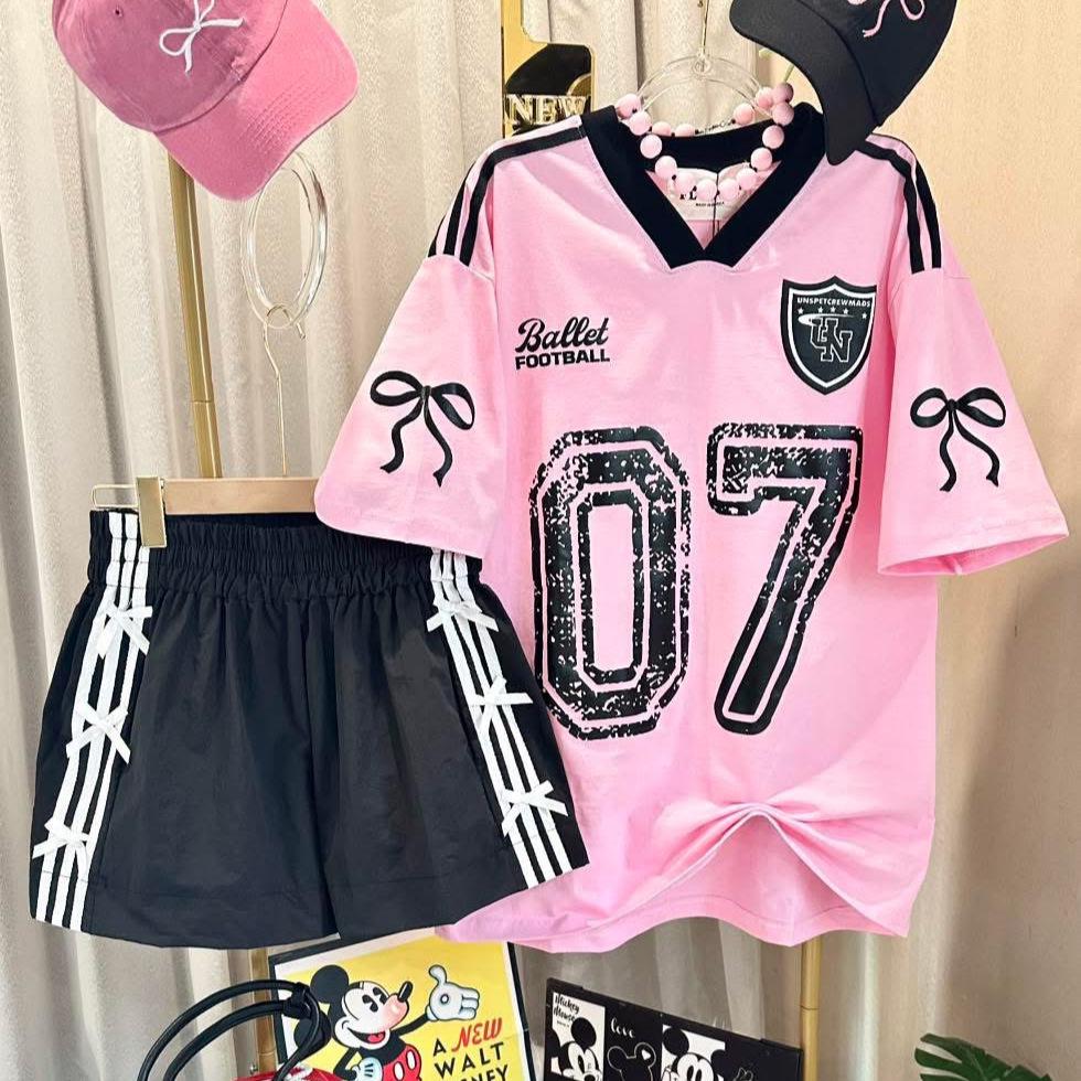 Southeast Asian Style Women s Summer V-Neck Color Block Short Sleeve Shorts Two-Piece Set One Size розовый