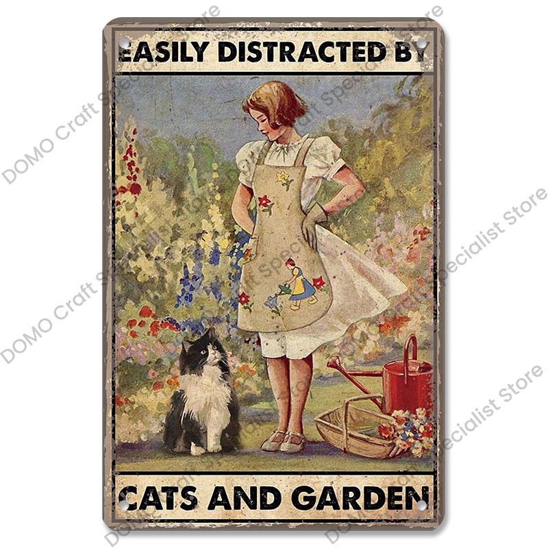 Gartenplaketten, Vintage-Metallblechschilder, Katze, Hund, Sonnenblumen, Mädchen, Metallplatte, Blumenladen, Herrenhaus, Wohnzimmer-Wanddekoration