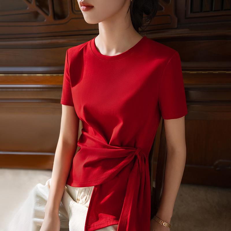 

Футболка с короткими рукавами для женщин, летняя новая женская однотонная хлопковая футболка с круглым вырезом, нерегулярная талия на бретелях 3XL красный