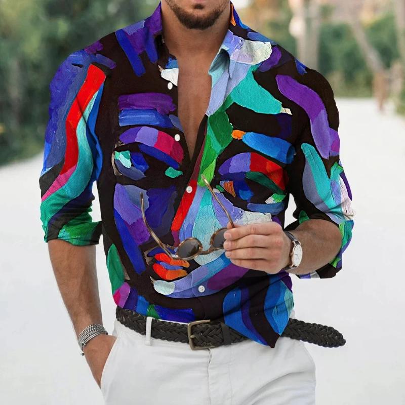 Fashion Long Sleeve Lapel Button Up Plus Size Shirt Men 3d Print Blouse