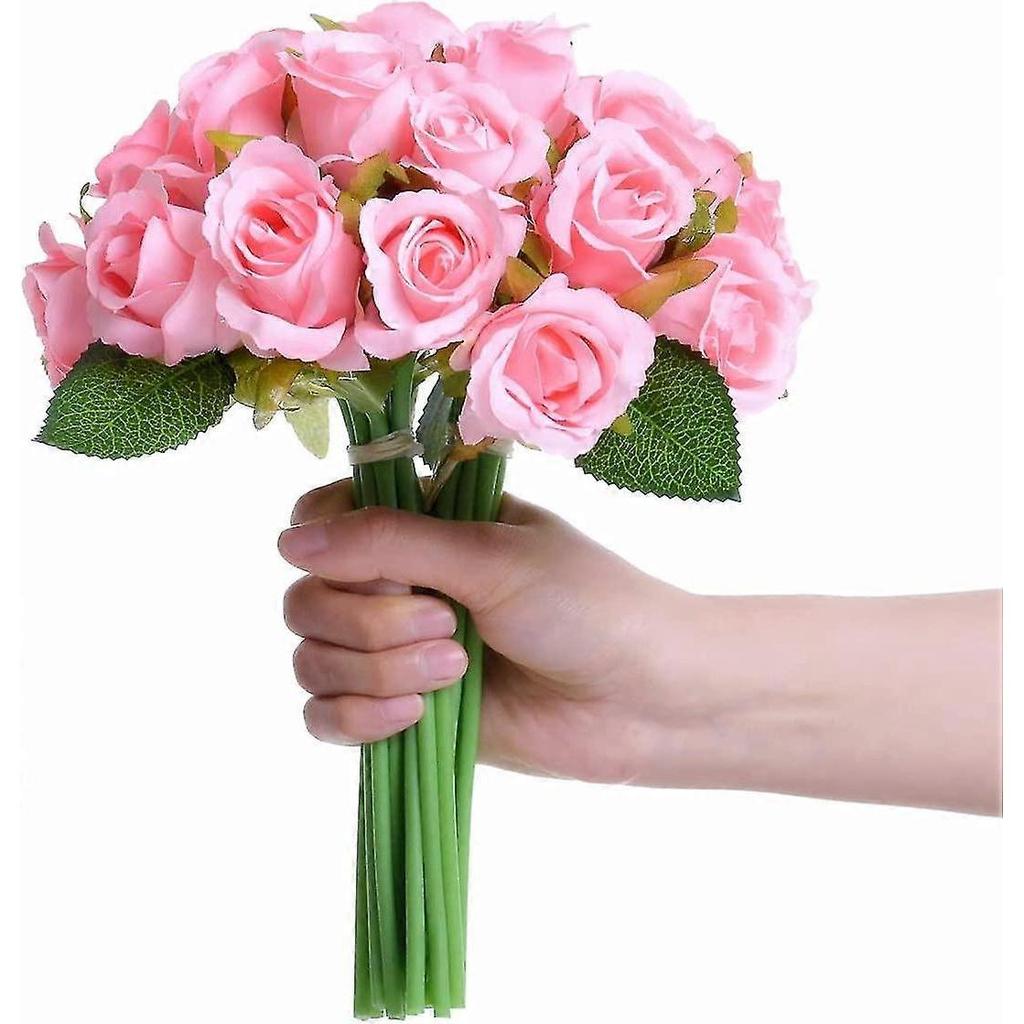 24 Heads Artificial Rose Flowers Bouquet Silk Flowers Rose For Home Bridal Wedding(2 Packs Pink)