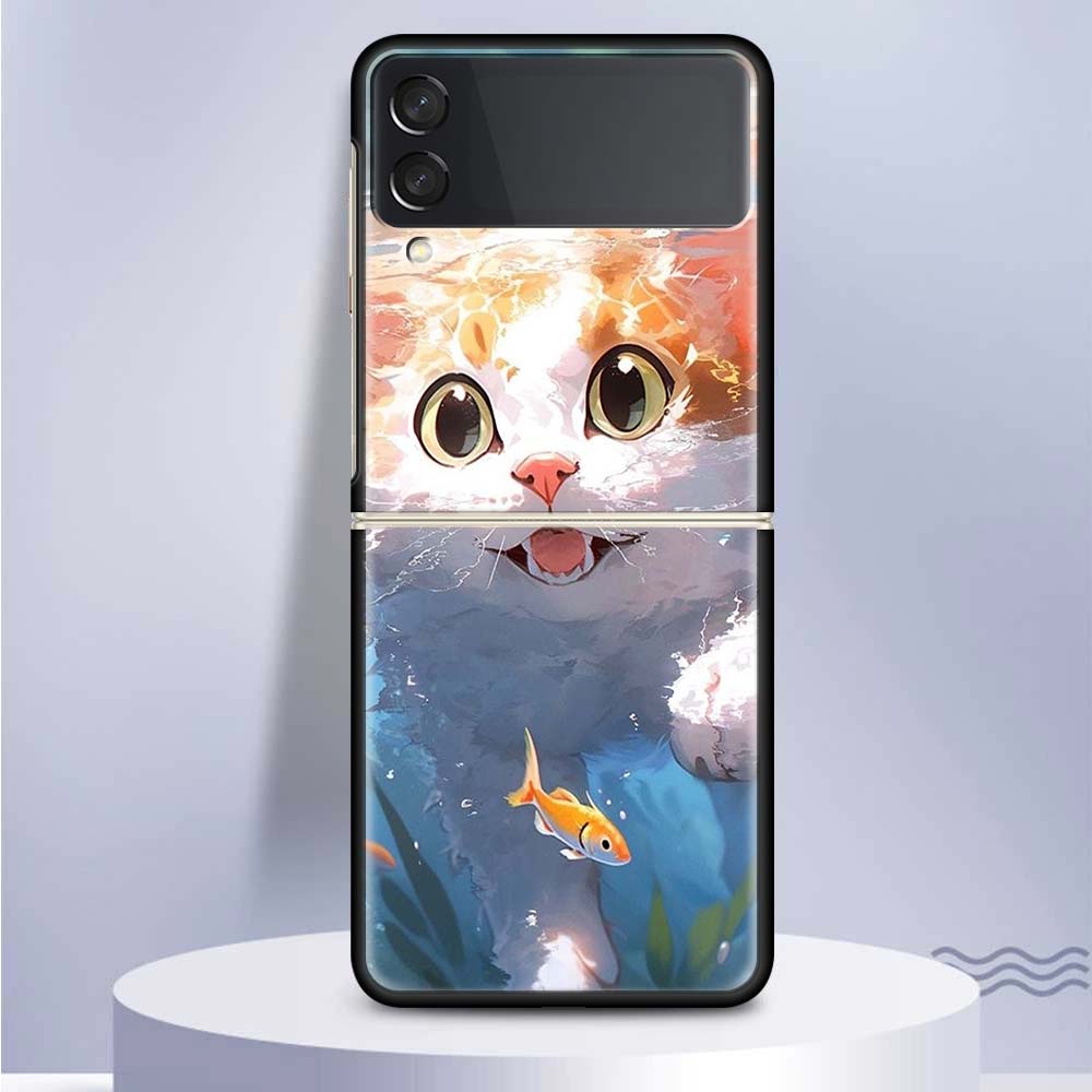 Cartoon Cute Cat Fish Aesthetic For Samsung Galaxy Z Flip 5 4 3 5G Phone Case Black Hard Cover ZFlip 5 4 3 Luxury Shockproof Bum