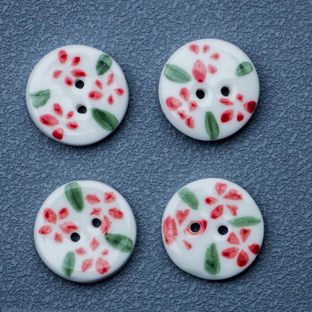 20mm Round Red Ceramic Flower Button for Clothing & Journals
