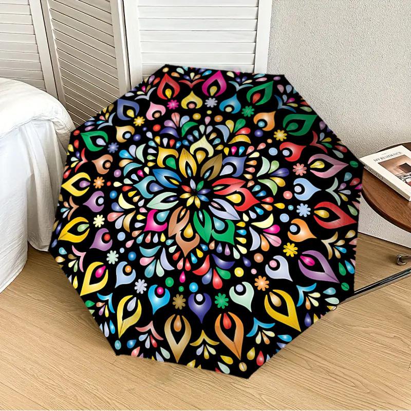 1 Stück Bunter Mandala-Muster Automatischer Faltregenschirm, Robuste 8-Rippen-Konstruktion, Perfekt für den Alltag yy251114153