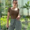 Women's Fashion Casual Solid Color Print Summer Spring Short Sleeve Square Collar Bodysuits