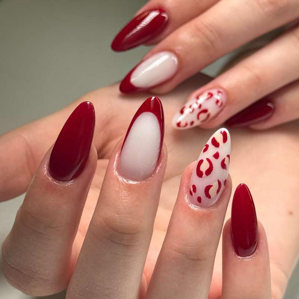 24 Stück Rosa Press-on-Nägel Kunst Leopardenmuster Französisch Lang Mandel Form Falsche Nagelspitzen Fertig Tragbar Schleife Kirsche Design Falschnagel Set