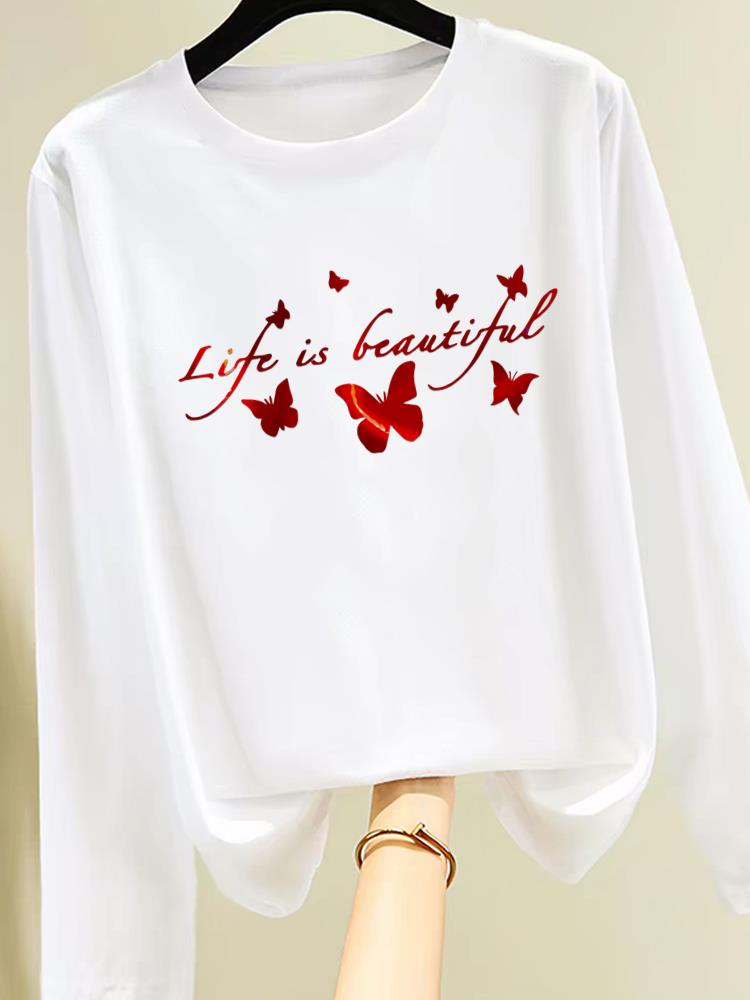 (Asian Size) Sweet Beach Trend Cute Print T Shirt Women Clothing Tee Autumn Winter Spring Casual Fashion Top O-neck Graphic Long Sleeve T-shirts