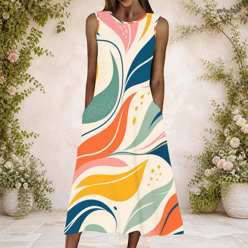 Women Plus Size Round Neck Sleeveless Printed A Line Long Dress With Side Pockets