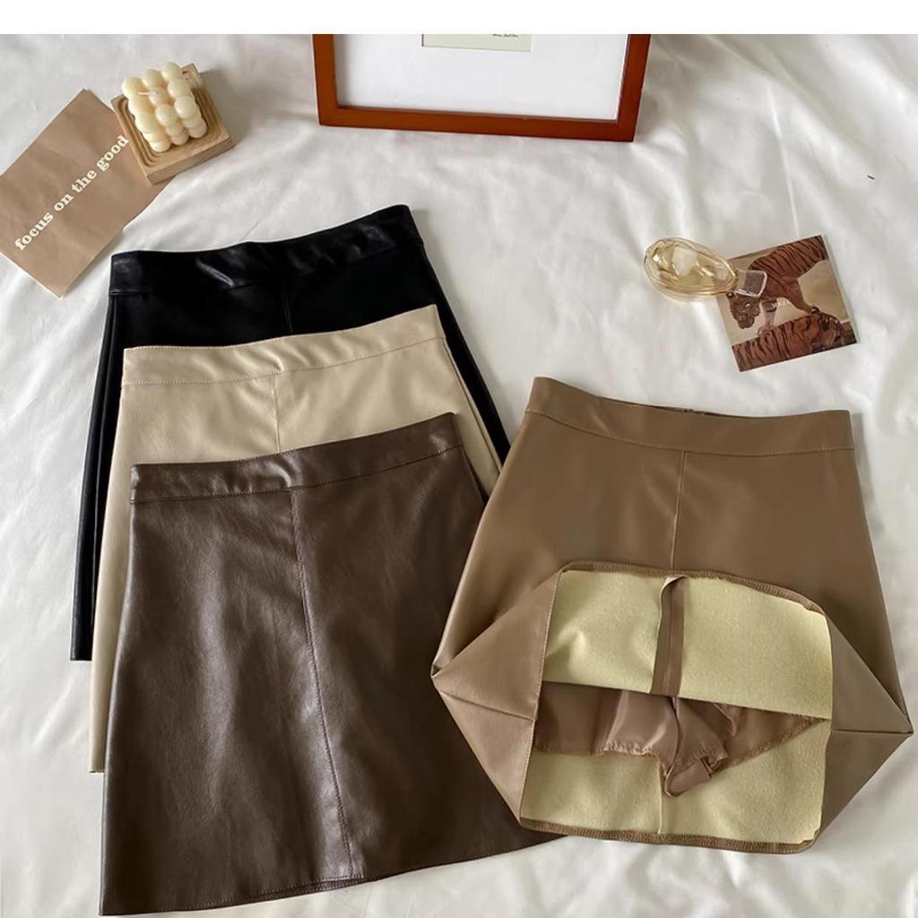 Autumn/Winter 2023 Women's PU Leather A-Line Skirt - High Waist, Slim Fit, Knee-Length, Casual Korean Style