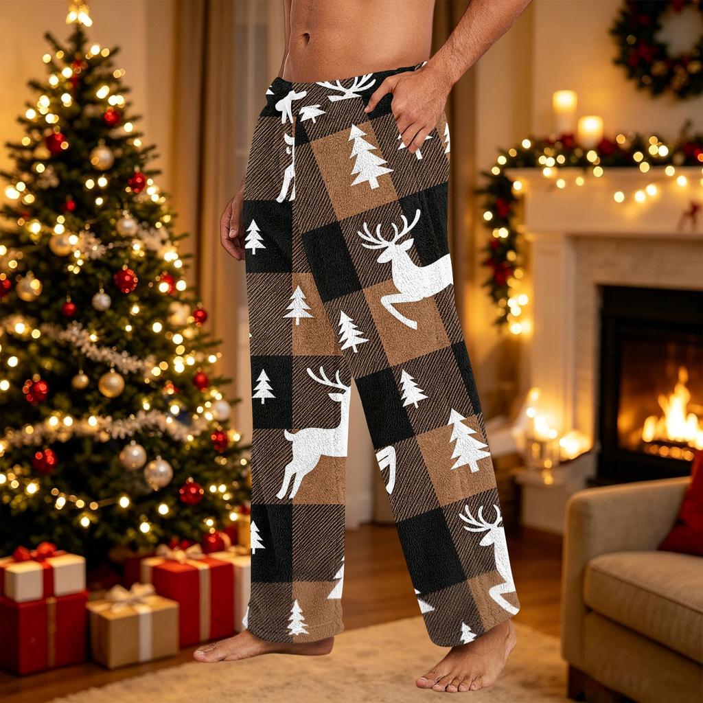Men's Stylish Casual Plush Pajama Pants with Christmas Print, Sleepwear for Holiday
