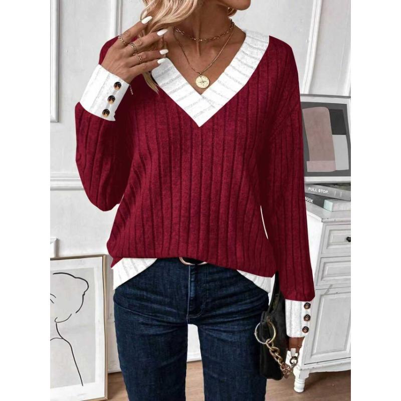 Women S Casual V Neck Solid Color Long Sleeve T Shirt With Splice