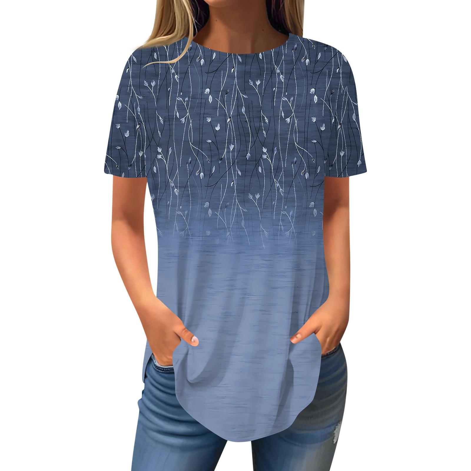 

Женская модная повседневная футболка с круглым вырезом и цветочным принтом, пуловер с короткими рукавами, топ XXL синий