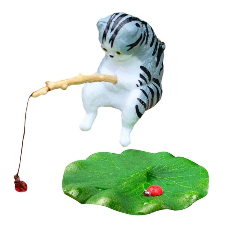 Funny Fishing Kitten for Aquarium Glass WallDecoration Landscaping Cute Kitten FishTank Cartoon Decors Statue Resin