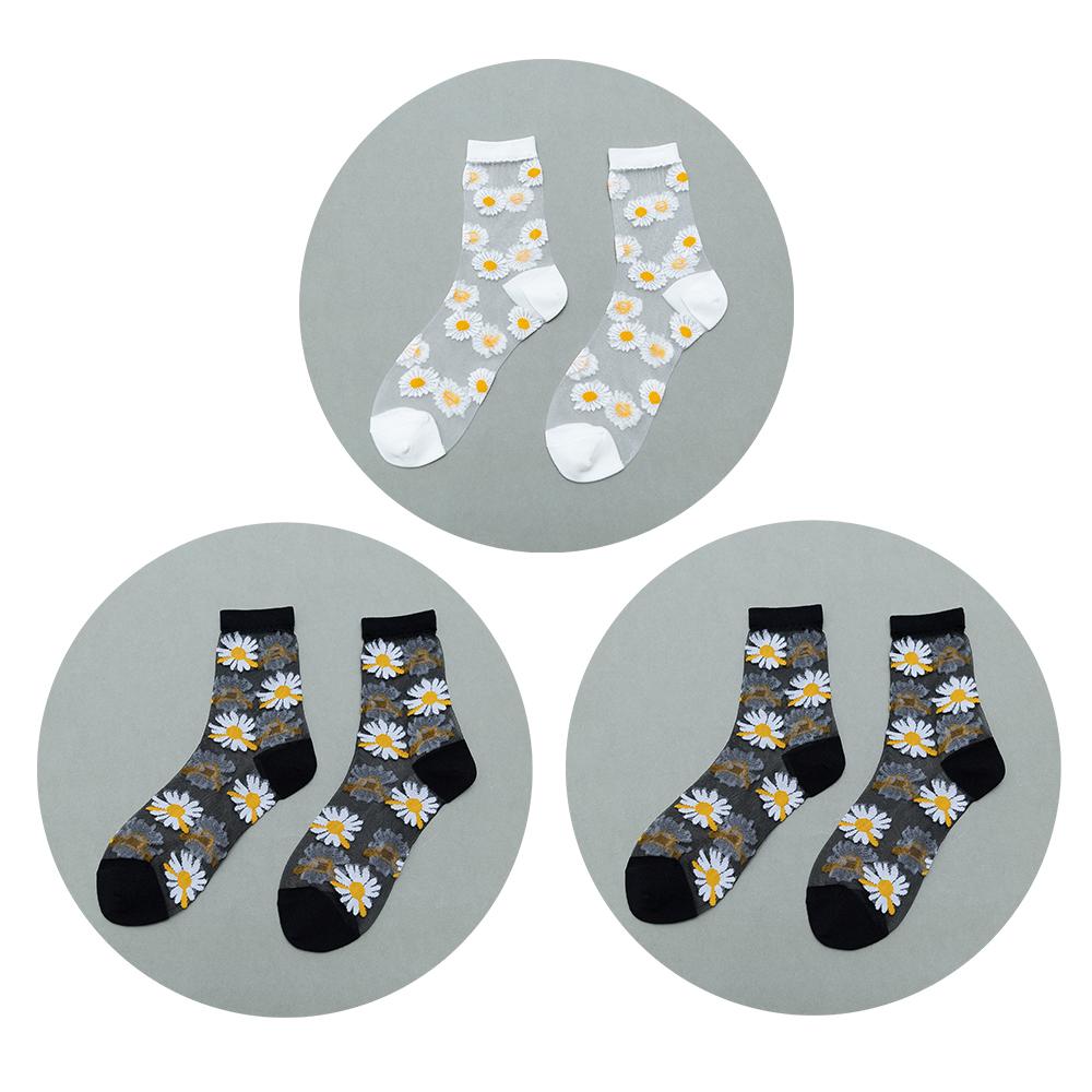 3 Pairs Of Women's Flower Socks Summer Crystal Glass Stockings Medium Short Tube Thin Transparent Daisy  Jacquard Elastic  Socks