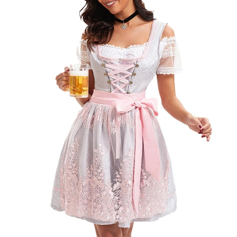 German Bavarian Oktoberfest Costume Set,Halloween Beer Costume Dirndl Dresses Blouse Apron Bows Ribbon for Adult Women