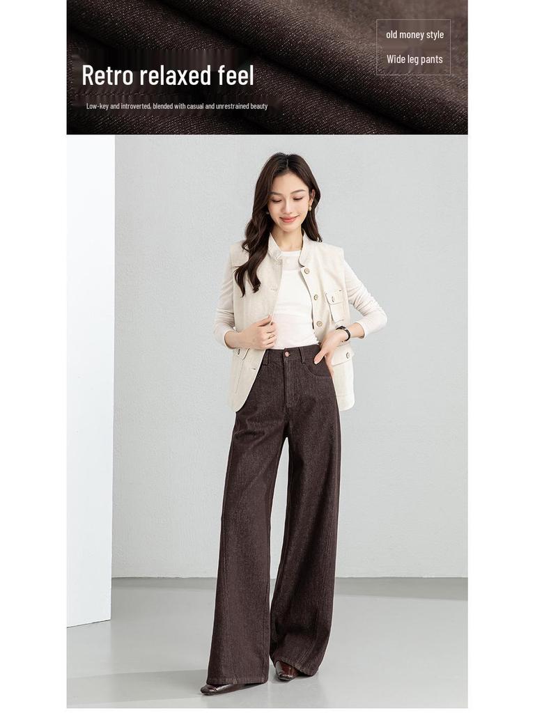 Yi Fei Women's High Waist Wide-Leg Jeans - Spring New Collection, Old Money Style, Pear Shape Fit, Hip Coverage, Straight Drape Long Pants