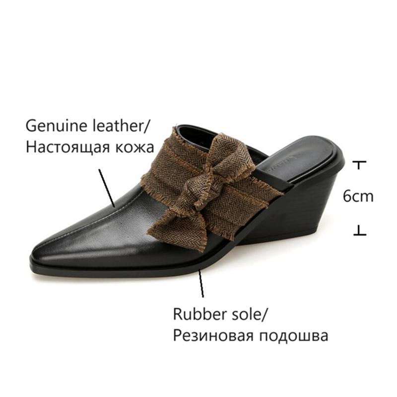 Fashion NEW Summer Women Mules Genuine Leather Shoes for Women Cover Toe Wedges Slippers Bow Knot Pointed Toe Black Women Sandals