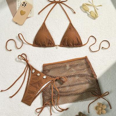 Brown Fishnet 3 Piece Bikini Set with Seashell Decor & Cover Up Skirt
