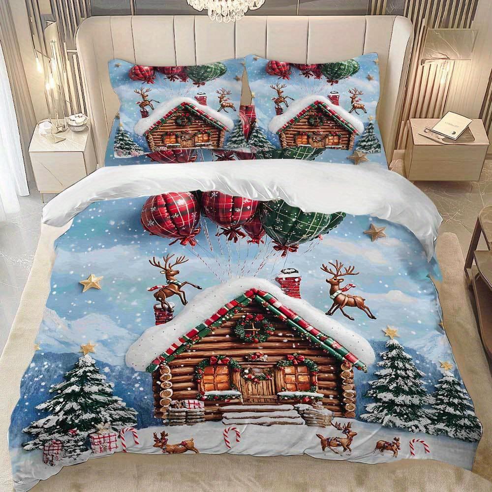 Lifesmells 3/4Pcs Christmas Cabin Balloon Deer Blue Duvet Cover Set Festive Winter Scene With Snowy Cabin Reindeer And Balloons
