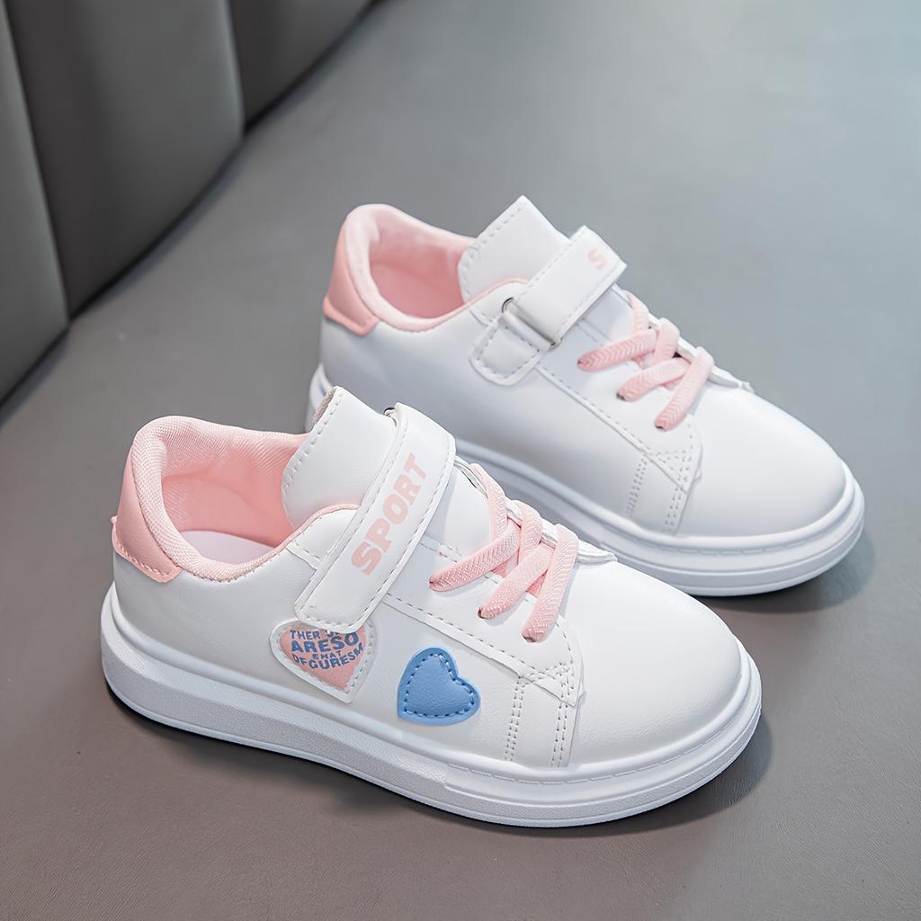 [Niedliche Kinder-Sneaker] Niedliche Kinder-Freizeit-Sneaker | Herzmuster Weiß & Rosa Low-Top Schnürschuhe, Runde Zehenpartie, Obermaterial in Lederoptik, Stoff-Innenseite