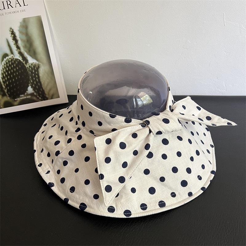 Japanischer Stil Polka Dot Leinen Breiter Rand Sonnenhut Damen UV-Schutz Faltbar Leere Oberseite Gesichtsschutz Kappe Outdoor Sommer Sonnenschutz
