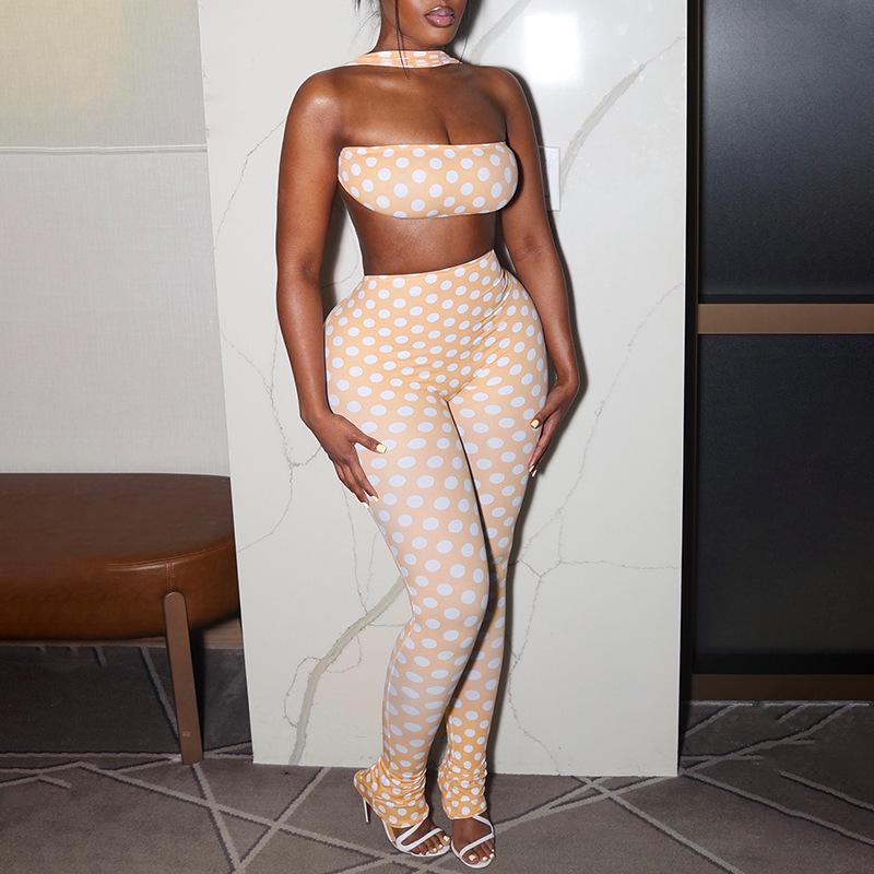 European & American Women's Polka Dot Halter Backless Two-Piece Set: Tight Long Pants