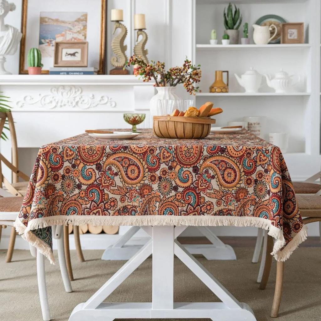 Kwastrand Katoen Linnen Tafelkleed Rood Feestdagen Jacquard Eettafelkleed Bloempatroon Stofdicht Tafelkleed Achtergronddoek