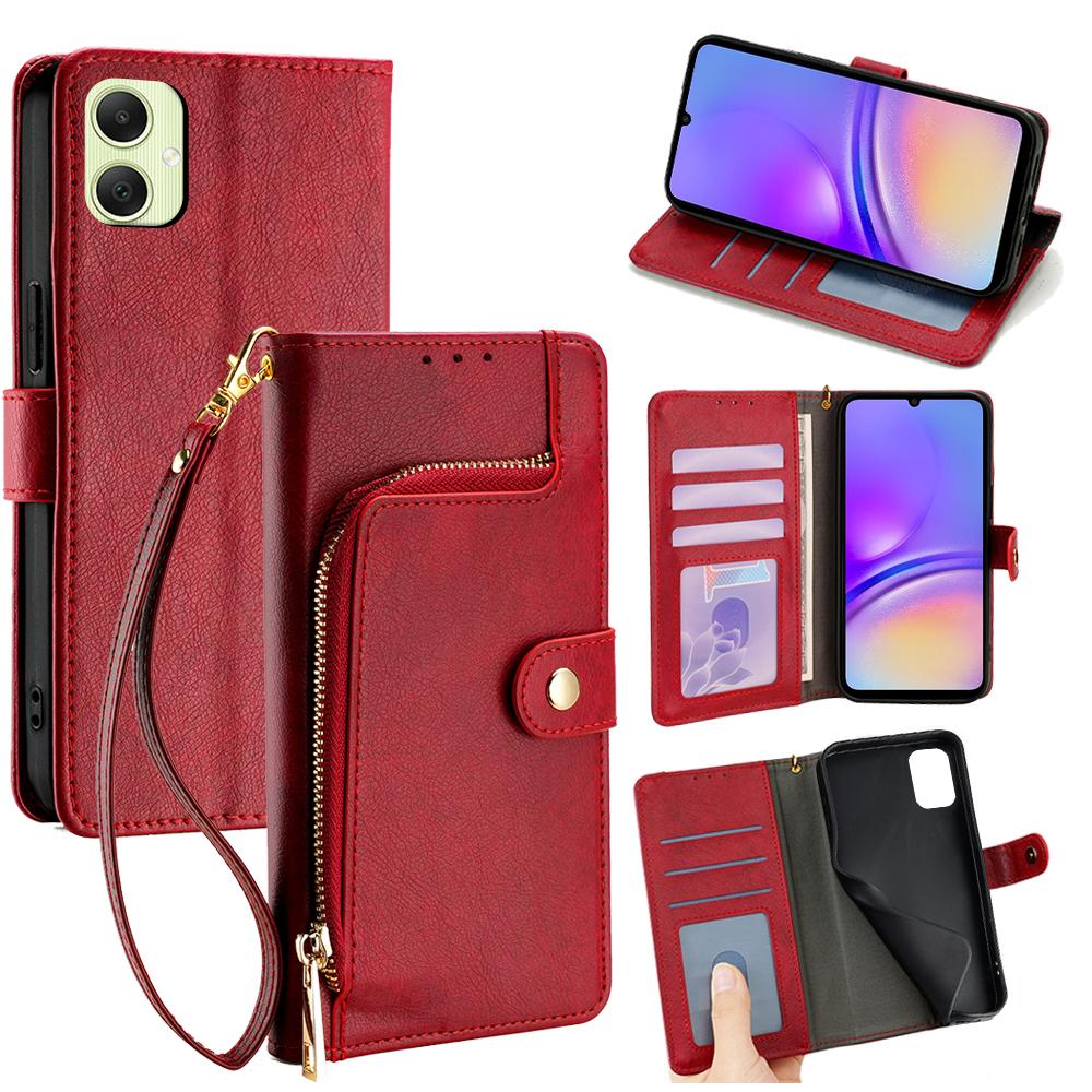 For Samsung Galaxy A05 4G Case Zipper Pocket PU Leather Wallet Flip Phone Cover with Wrist Strap
