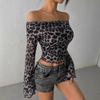 Sexy Sheer Off Shoulder Long Sleeve Leopard Print Womens Crop T Shirt