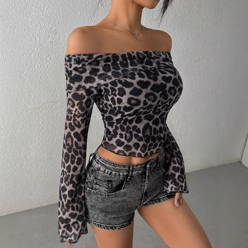 Sexy Sheer Off Shoulder Long Sleeve Leopard Print Womens Crop T Shirt